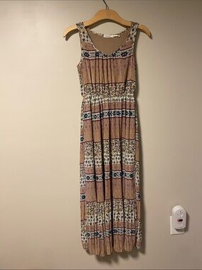 Blu Pepper Sleeveless Tan Patterned Maxi Dress with Blue Accents